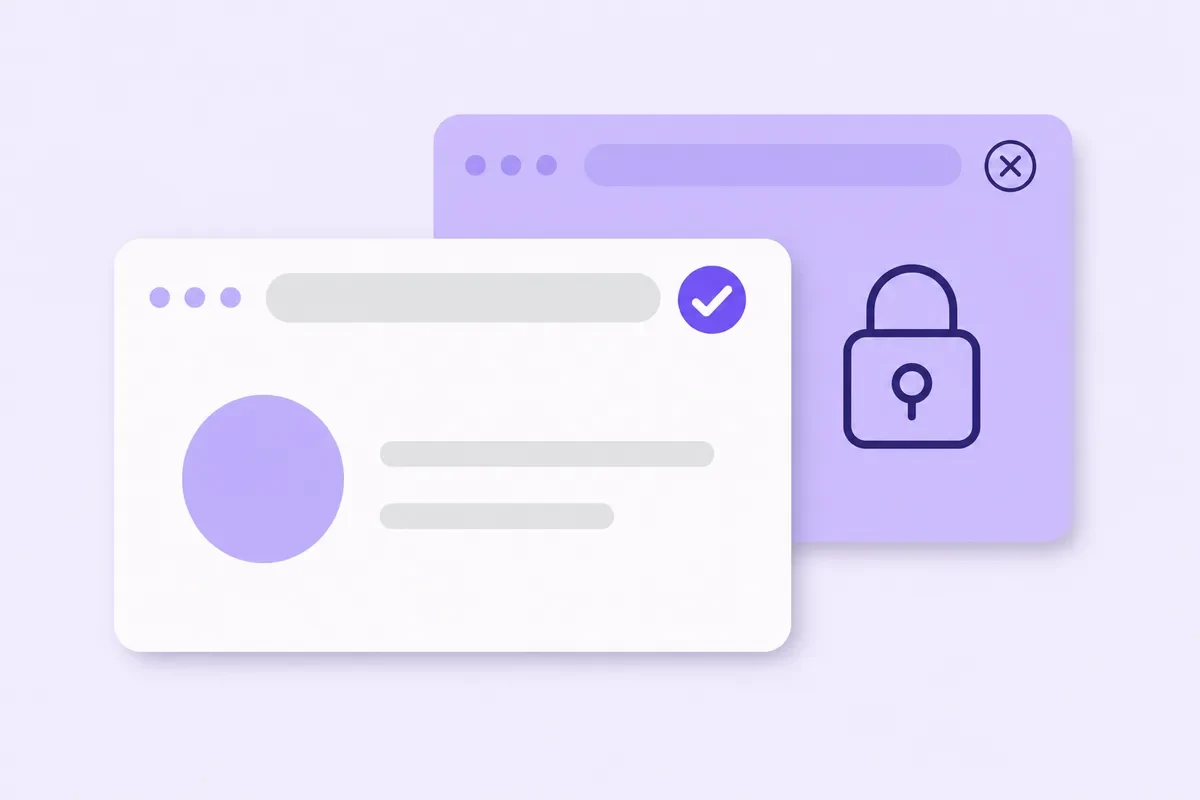 A white browser window with a ticked address bar, and behind it a violet card showing a padlock and a cross instead.
