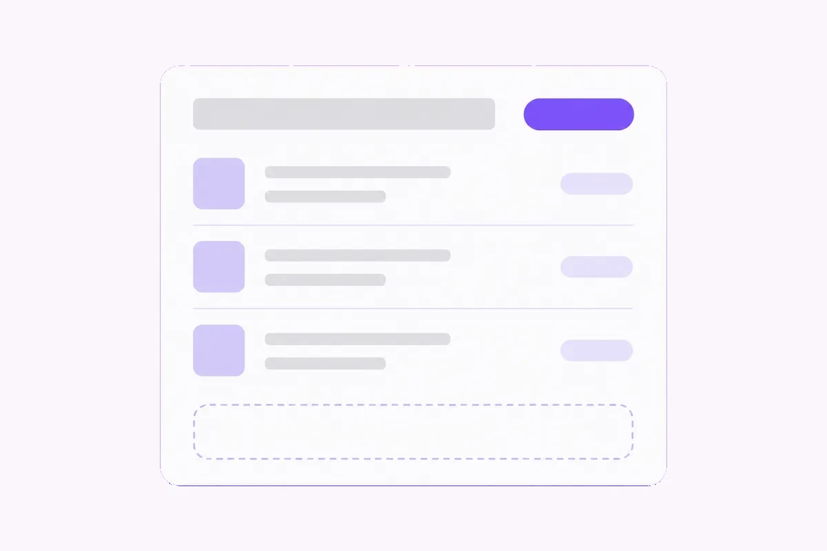 A white order card with a violet status pill and three item rows, ending in an empty dashed slot with nothing inside.