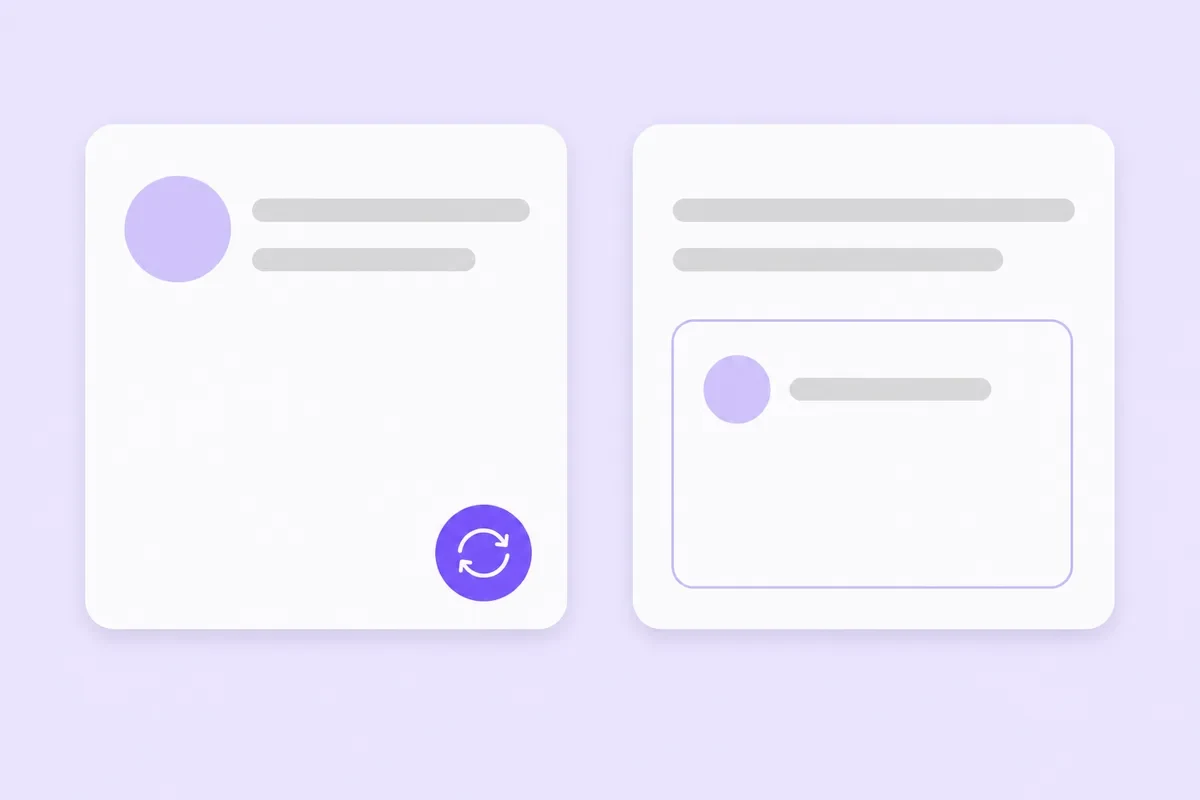 Two white cards side by side: one plain with a violet looping-arrow badge, one holding a smaller card with two bars above it.