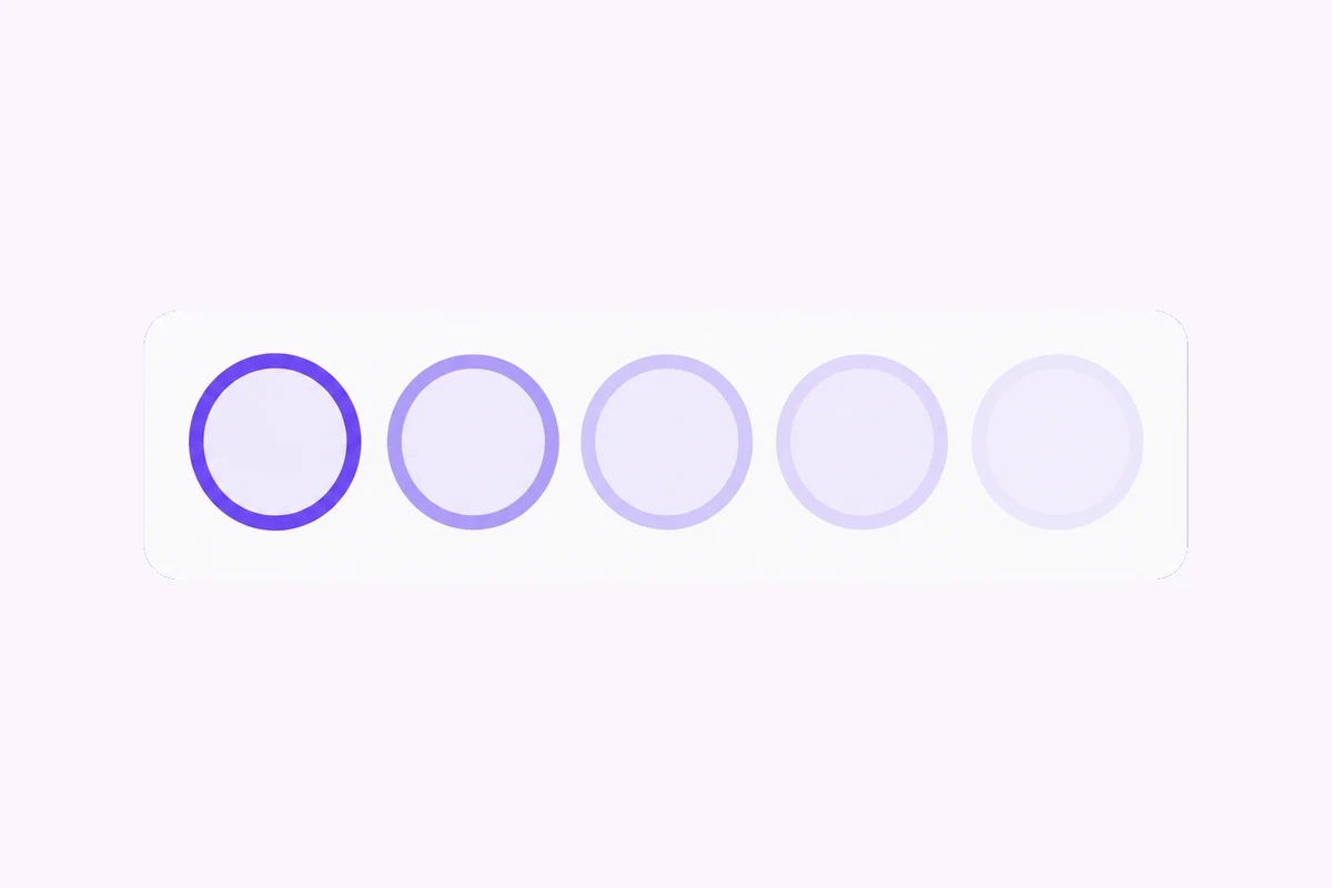 A row of five story rings on a white card, the first one bright and the rest fading out
