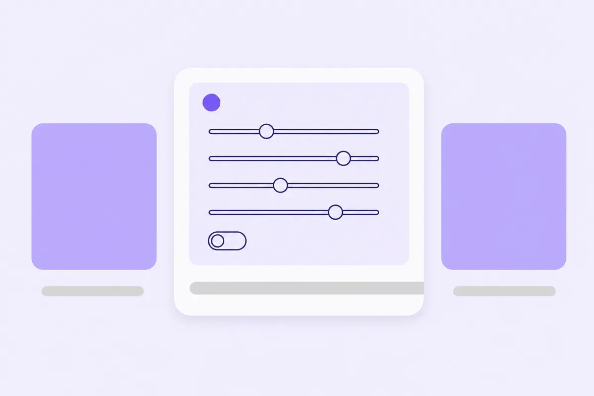 Three browse tiles on pale lilac; the big middle one shows slider rows and a grey bar cut off flat at its right edge.