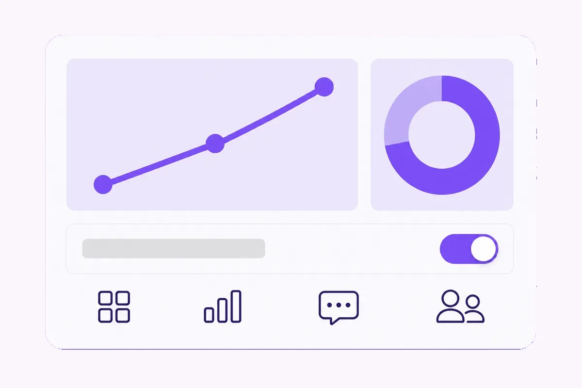 A white dashboard screen on violet with a rising line chart tile, a donut ring, a grey bar and a toggle switched on.