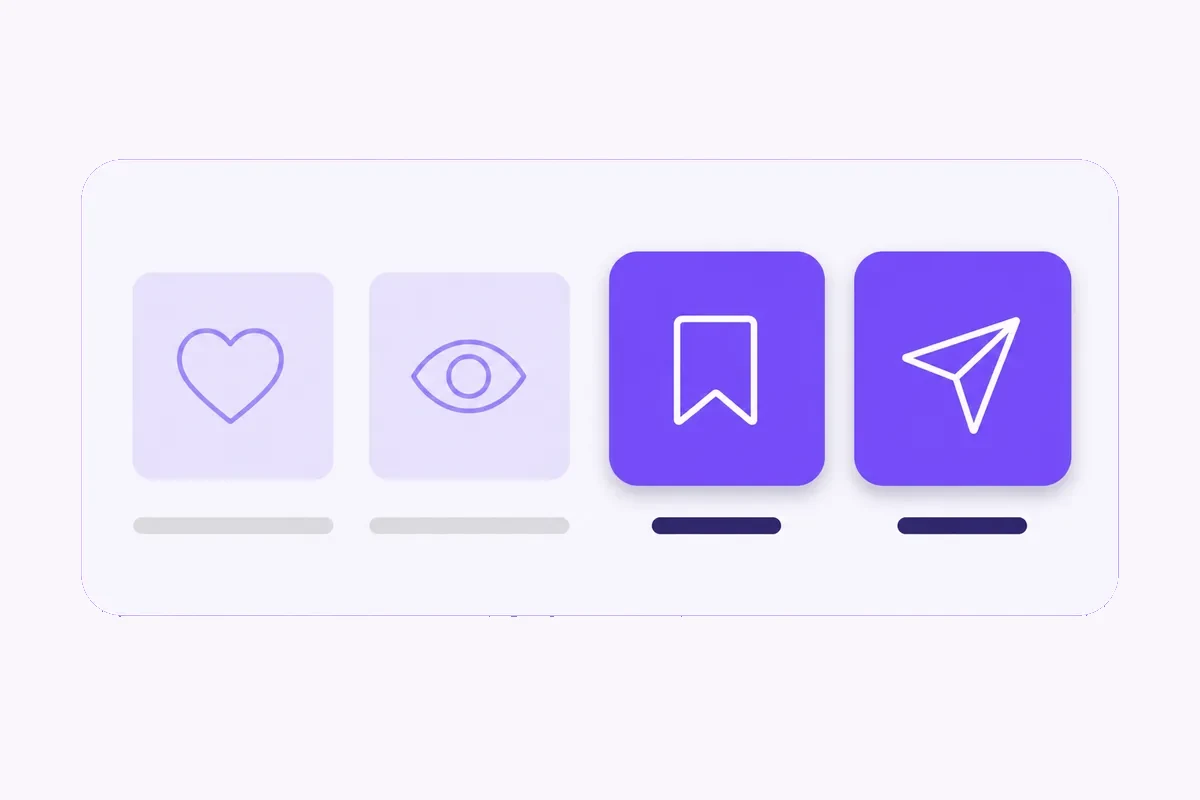 A white card with four icon tiles: two flat pale ones and two solid violet ones lifted forward on soft shadows.