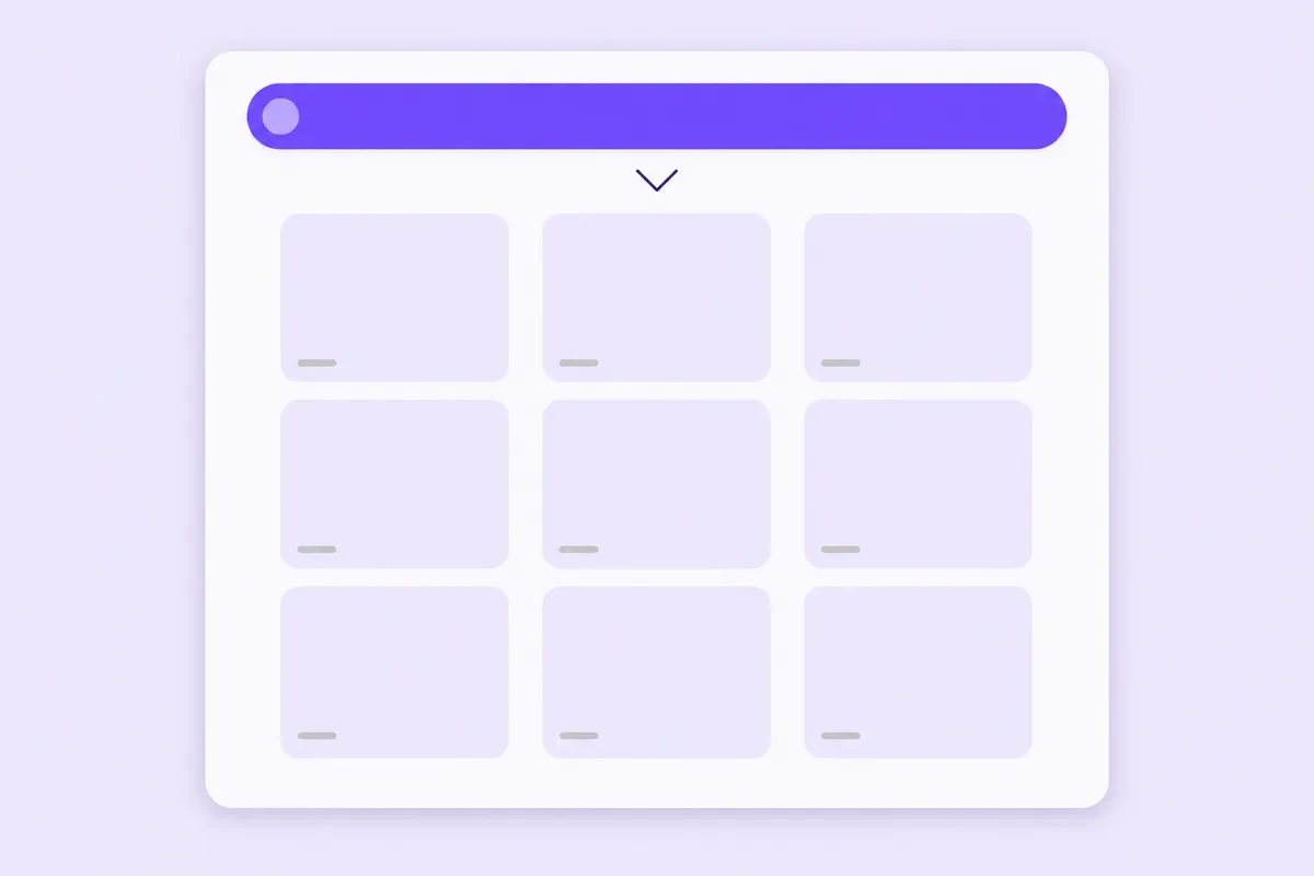 A white card with one long violet bar at the top and nine pale grid tiles below, each carrying a tiny grey counter bar.