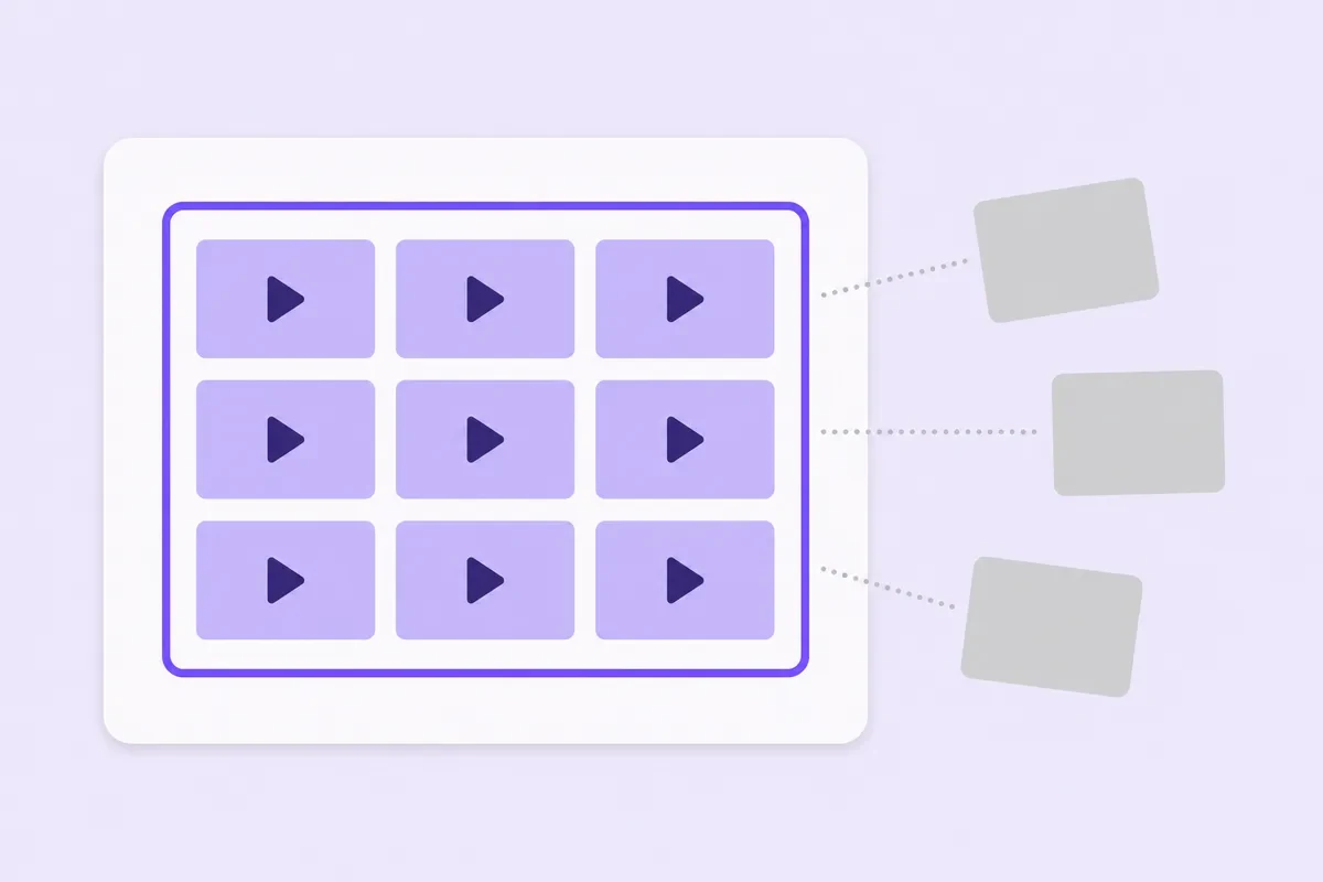 A violet outline frame holding a grid of violet thumbnail tiles, with three grey tiles left outside it.