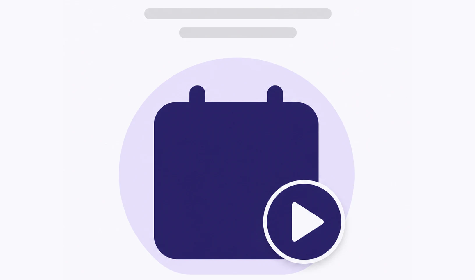 A calendar-page shape with a small play-triangle badge on a violet ground.