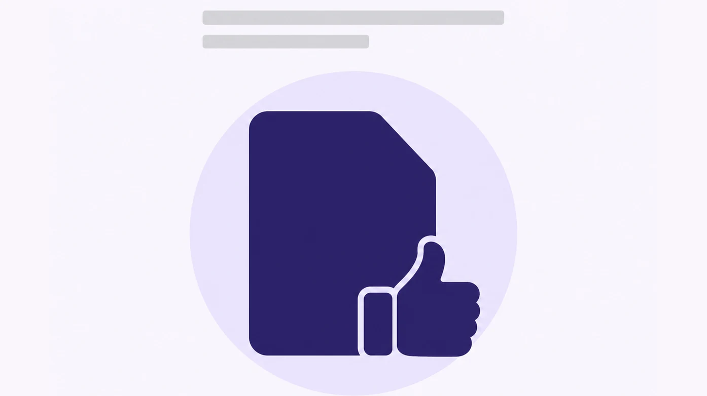 A page shape with a thumbs-up overlapping its corner on a violet ground.