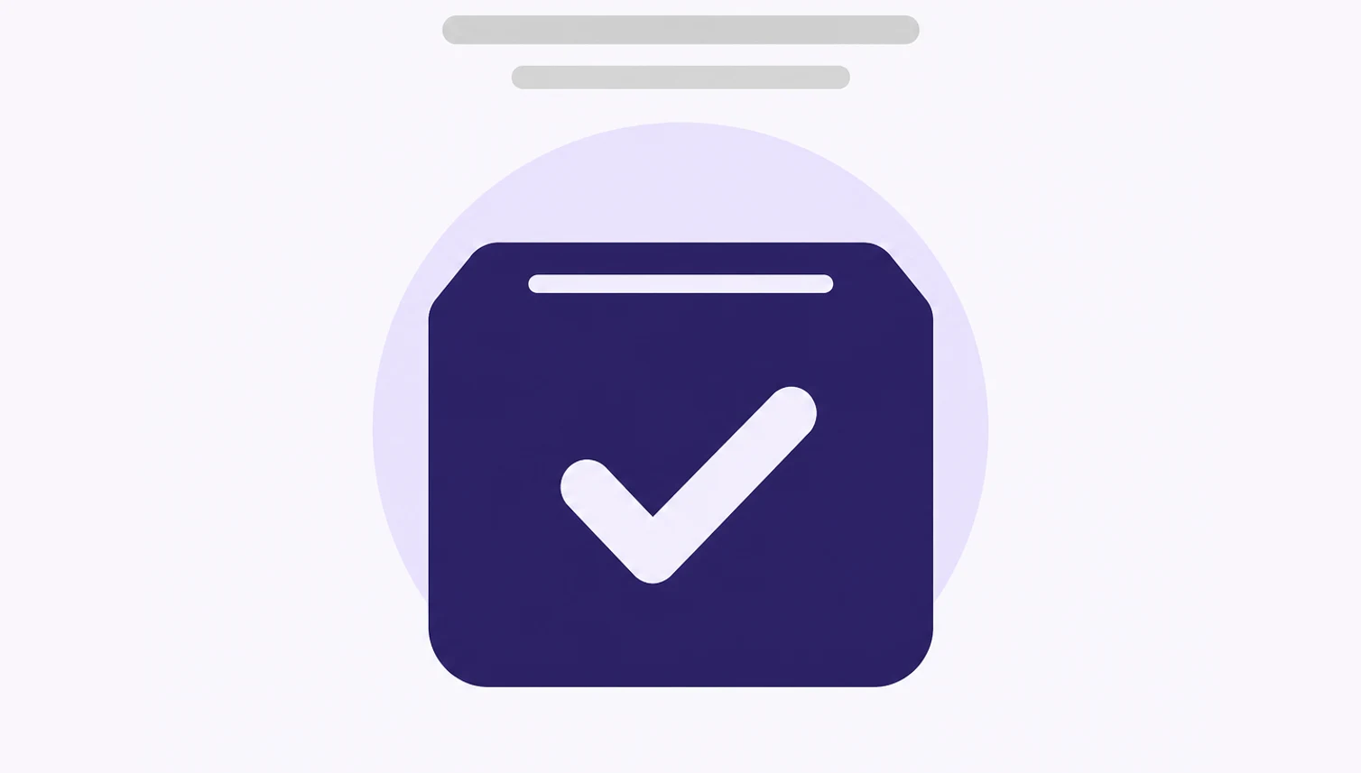 A ballot box shape with a checkmark cut from its centre on a violet ground.